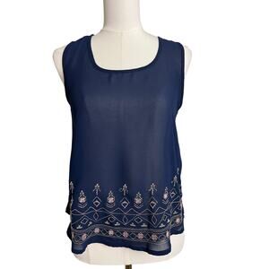 MINE Tank Top Boho Small Blue Floral Embroidered Sheer Chiffon Strappy Back